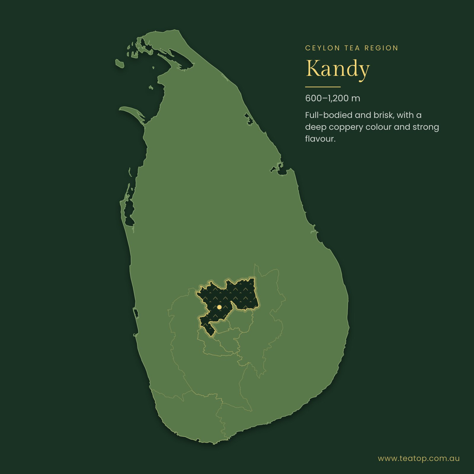 Map of Sri Lanka highlighting the Kandy tea region where Ceylon Gold is grown