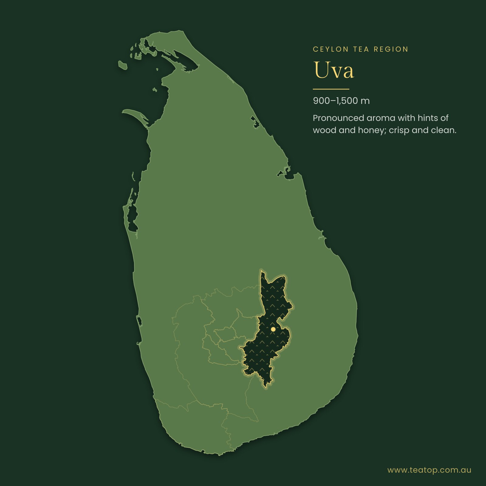 Map of Sri Lanka highlighting the Uva tea region where Organic Jasmine Green Tea is grown
